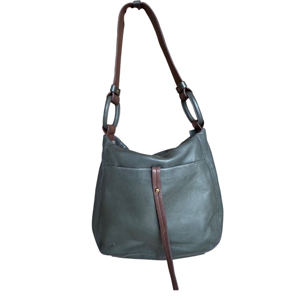 HOBO Mirage International Sage Green Pebble Leather Shoulder Bag Brown Trim Boho